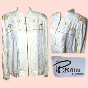 Vintage Funky Popovitch Ivory Zip-Up Jacket with Metallic Gold Sun Embroidery